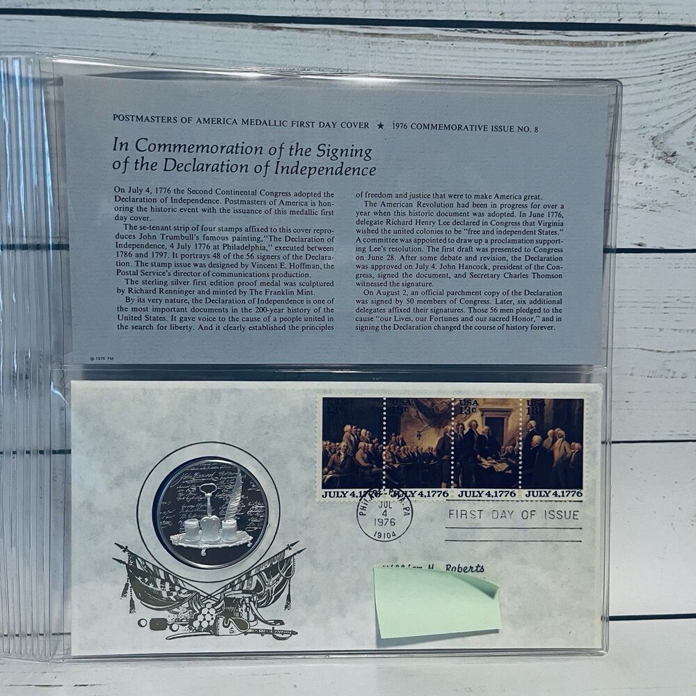 1976 1st Day Cover Postmaster America .925 Sterling Signing Declaration Independ